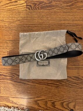 Gucci Beige/Brown GG Canvas Belt with Silver Double G Buckle